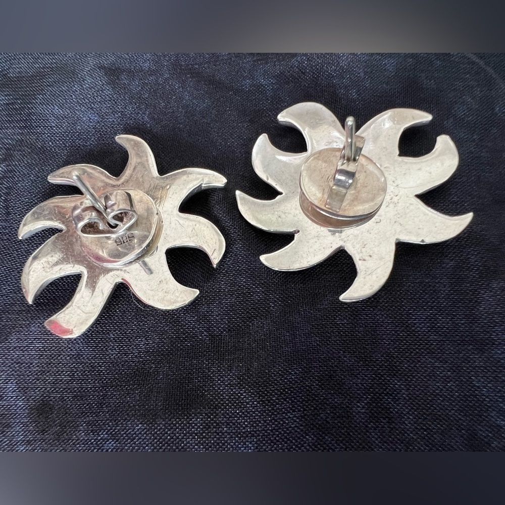 Sterling Silver 925 Sunburst Stud Earrings Black Onyx Center – 1” Vintage - Picture 4 of 5